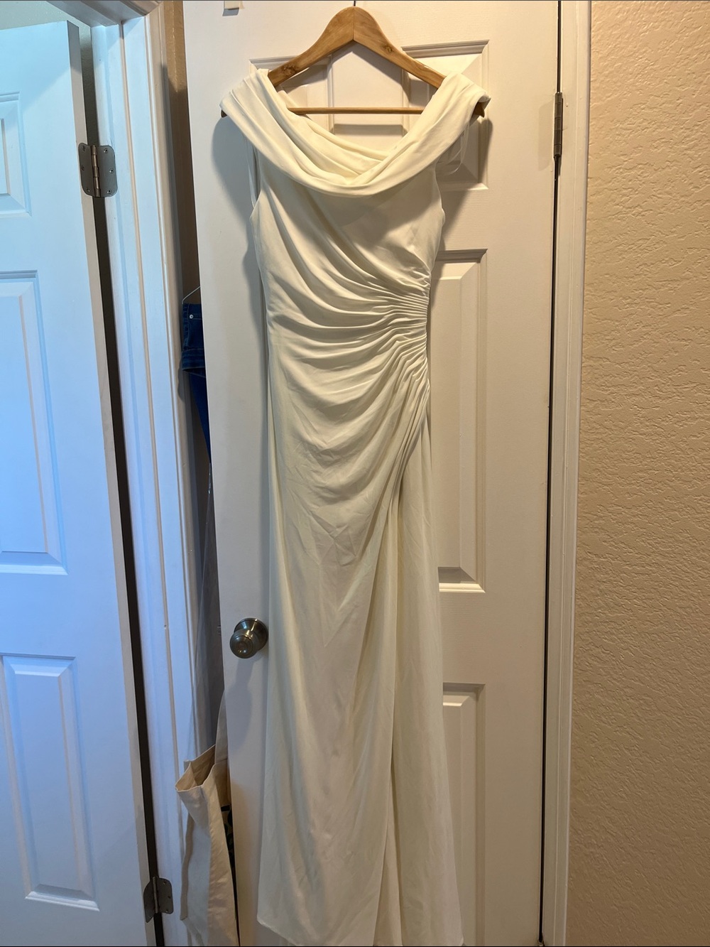 Ivory Draped Off-Shoulder Ruched Maxi Dress